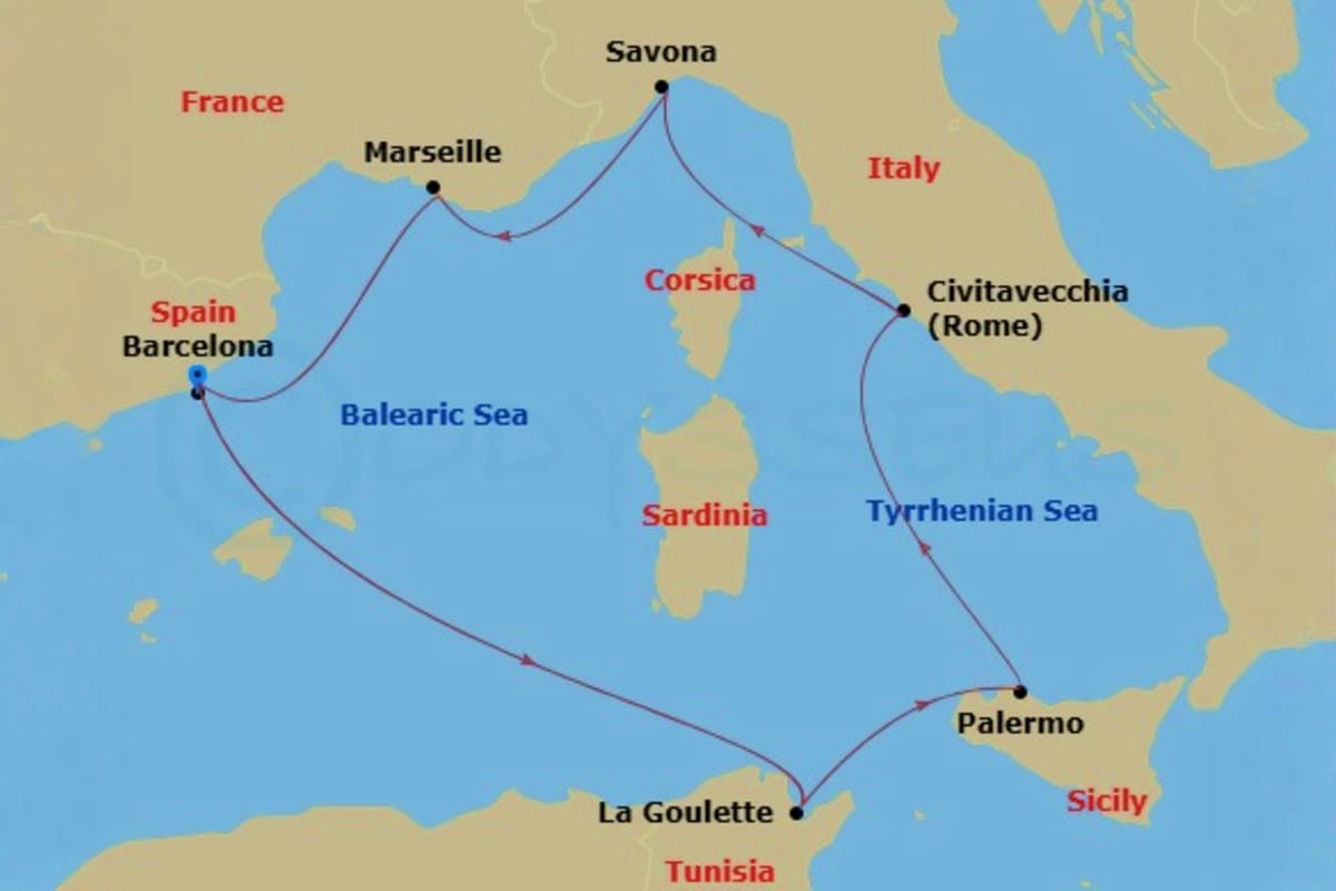 Mediterranean cruise itinerary map showing ports of call including Barcelona, Marseille, Savona, Civitavecchia, Palermo, and 